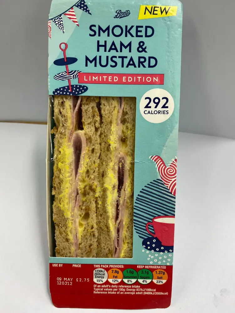 boots smoked ham and emmental sandwich - How many calories are in a ham and emmental sandwich