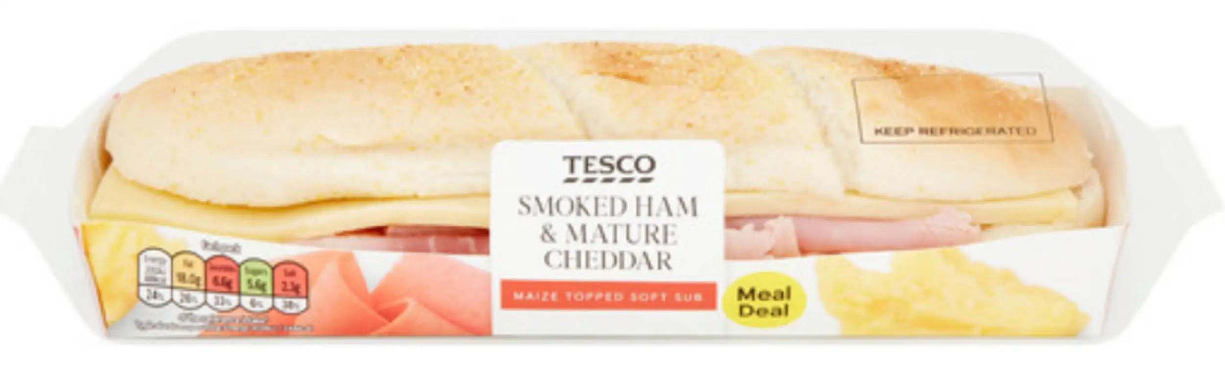 tesco smoked ham and mature cheddar sub - How many calories in a Tesco cheese sandwich
