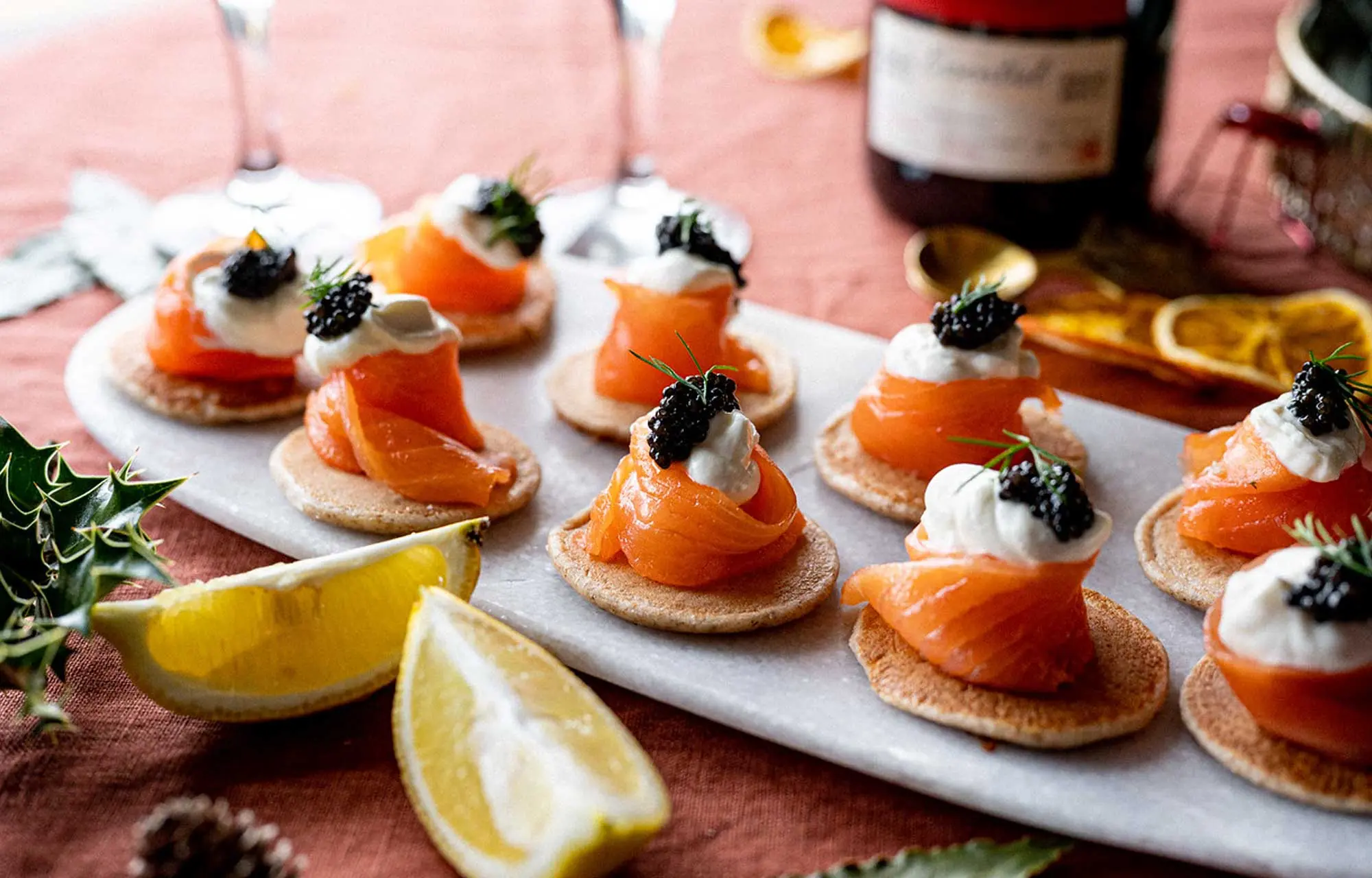 blini with caviar and smoked salmon - What does salmon caviar go well with
